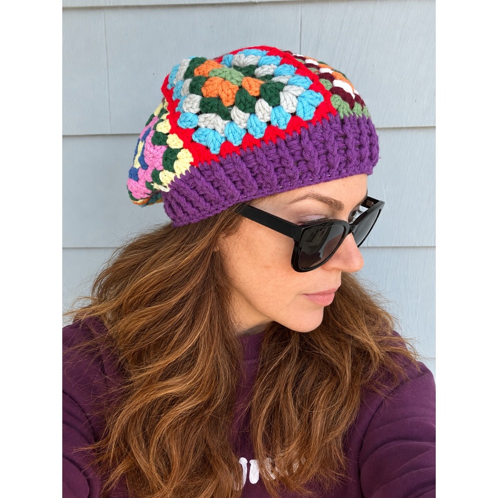 Handmade Crochet Granny Square Beret Hat Multicolor Patchwork Boho Slouchy